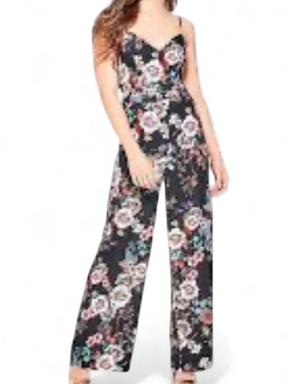 Guess Jet Black Floral Wide-Leg Jumpsuit